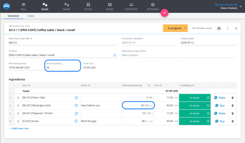 Improved inventory tracking with material yield reporting